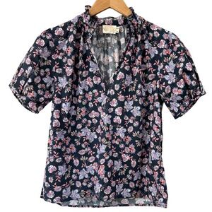 NATION LTD Rosanna puff sleeve top XS navy blue floral print v-neck Pima cotton